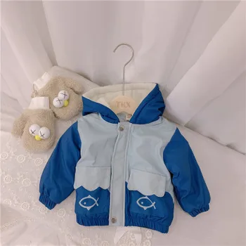 

2019 Autumn and Winter Children's Clothing Boys and Girls Cartoon Plus Velvet Jacket Toddler Girl Blue Ocean Hooded Cotton Coats