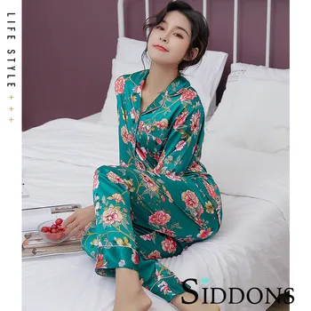 

Siddons High quality women's pajamas set long sleeve silk satin sleepwear pyjamas women print spring autumn home clothes pijama
