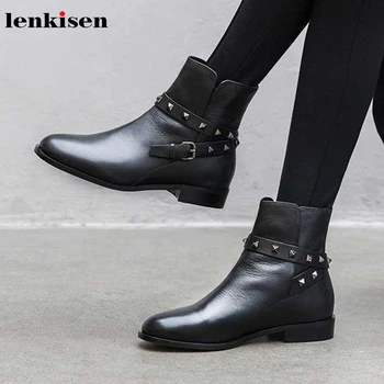 

Lenkisen Chelsea boots genuine leather round toe low heels fashion rivets buckle straps winter keep warm women ankle boots L23