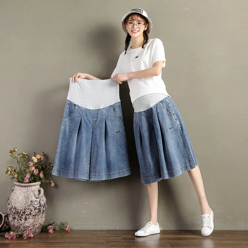 

512# Wide Leg 7/10 Length Chic Maternity Short Jeans Adjustable Belly BF Shorts Clothes for Pregnant Women Pregnancy Clothing