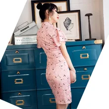 Новое платье чонсам, женское короткое платье с принтом, рукава с воланами, улучшенный Повседневный стиль, лето, стиль 19250