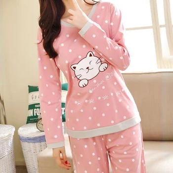 

Female Long-sleeved Trousers Home Service Polka Dot Pajamas Spring And Autumn Cartoon Cute Cat Loose Pajamas W118