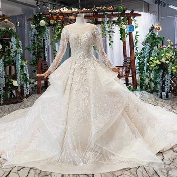 

BGW 21324ht Cascade Ruched Wedding Dress Plus Size O Neck Long Sleeves Lace Up Keyhole Back Bride Dress Gown 2020 Vestito Sposa
