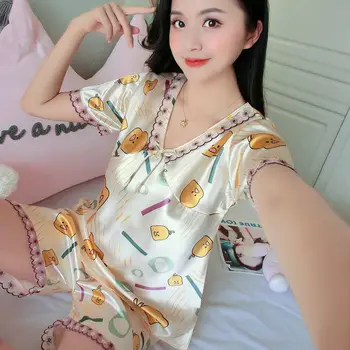 

Summer Ice Silk Pajamas Tops & Shorts Cartoon Print Female Short-sleeve Causal Loose Sweet Sexy Ladies Home Suits Top Quality