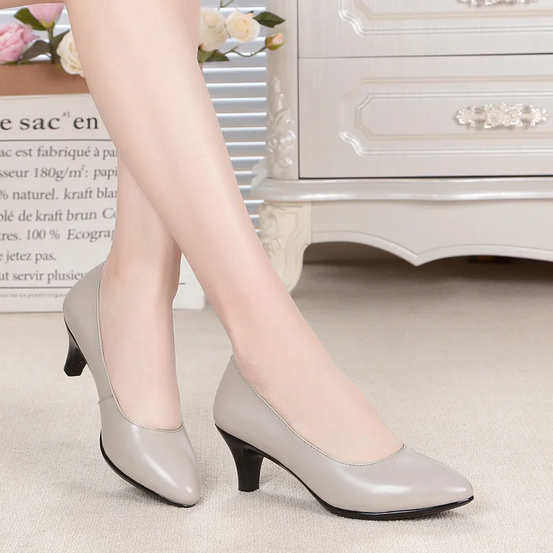 

18 Spring New Style Genuine Leather Women's Singles Leather Shoes Semi-high Heeled Chunky-Heel Workplace OL Work Shoes Airline S