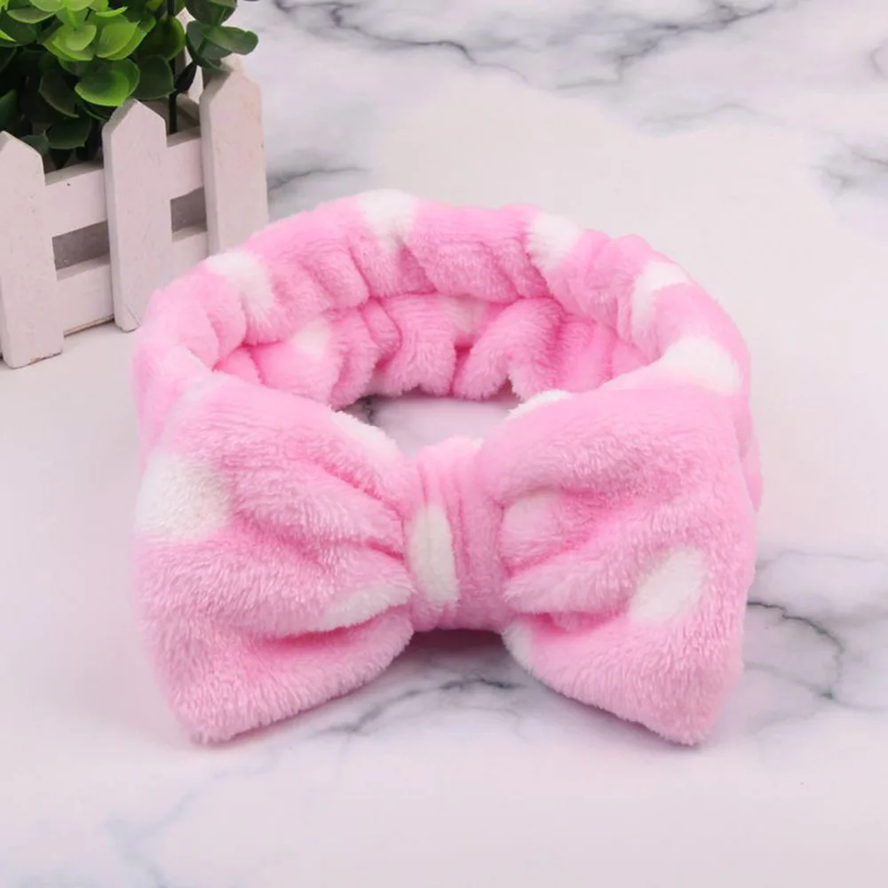 Pink Dots Новинка OMG буквы коралловый флис мытье лица ободок с бантиком для женщин девушек держатели головных уборов резинки для волос аксессуары для волос в виде тюрбана - Цвет: Pink Dots