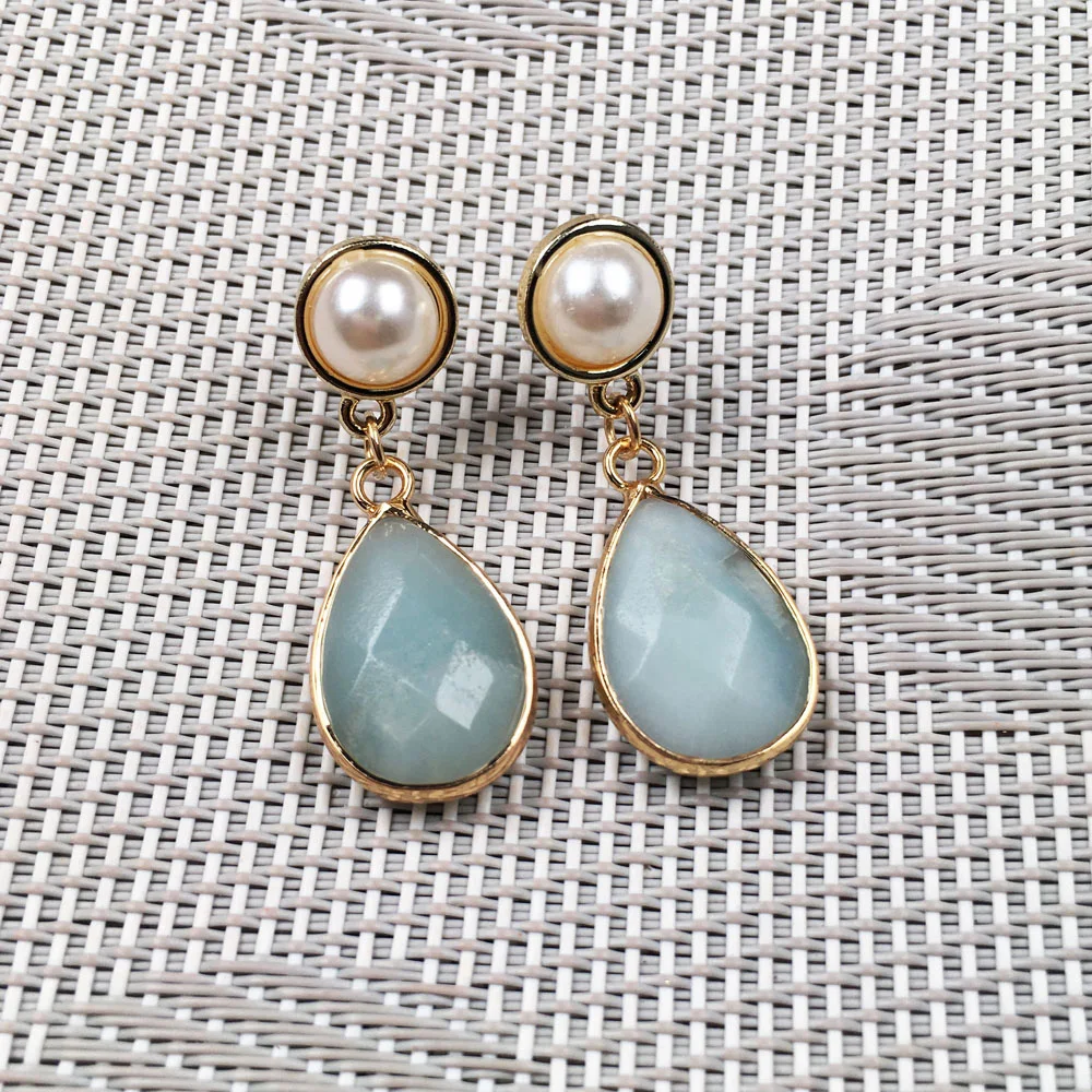 

2019 New Women Nature Stone Earrings Stud Exquisite Jewelry Handmade long drop shape Faceted Amazonite Stone Earring