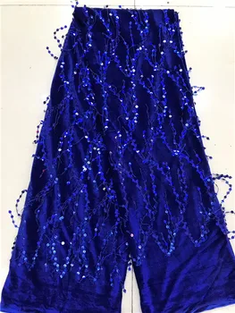 

New African Latest Design Blue Velvet Lace Fabric 5 Yards/pcs High Quality French Lace With Sequins fabric For Party Dress J10