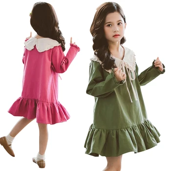 

green ruffle long sleeve dress age for 4 - 14 years teenage girls school style dress autumn winter children clothes kids frocks