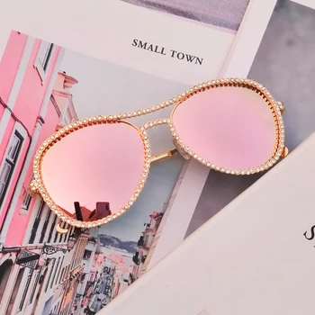 

Fashion Pilot Rhinestone Sunglasses Women Classic Luxury Crystal Decoration Eyewear Pink Clear Round Glasses gafas de sol mujer
