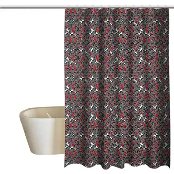 

Red and Black Extra Wide Shower Curtain Tropical Artistic Abstract Waves Pattern Contemporary Style Swirls Sea Inspired Durable