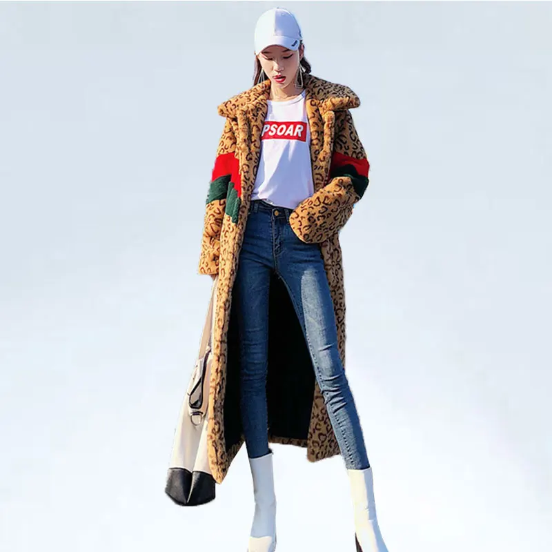 

2020 Winter Coat Women Leopard Patchwork Long Faux Fur Coats Faux Rabbit Fur Female Plus Size Loose Fur Jackets Long Outerwear