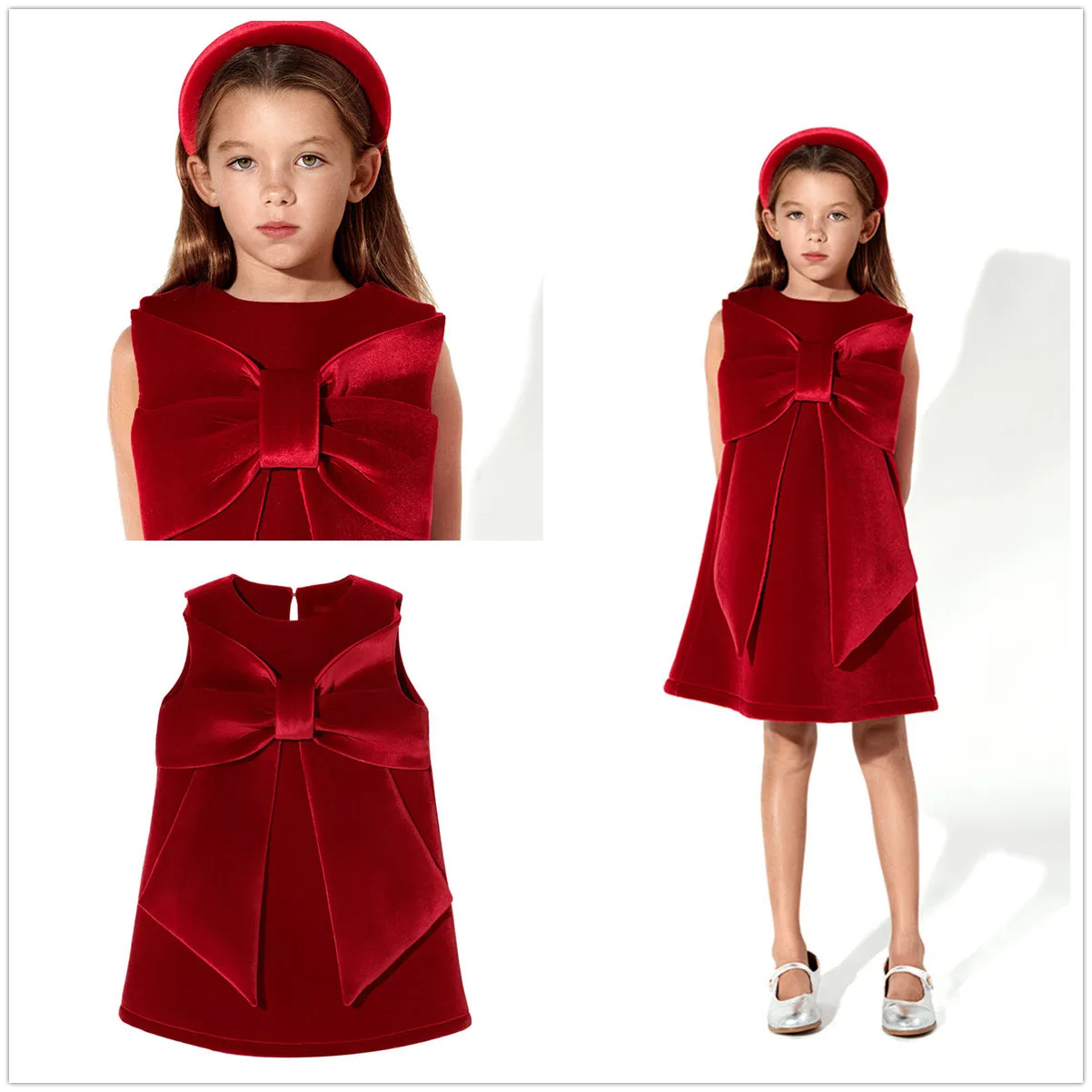New Year Child Big Bow Red Corduroy A-line Dress Party Princess Kids Dresses For Girls Christmas Clothing 1-6 Year Old girls dress princess costume kids clothes
