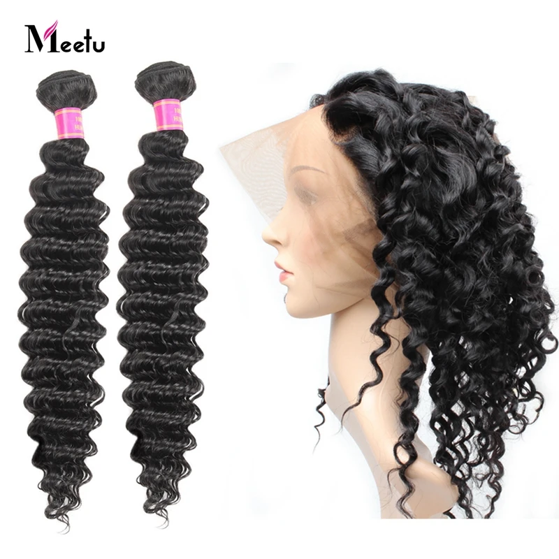 Meetu Pre Plucked 360 Lace Frontal with Brazilian Deep Wave Hair Bundles 2 100% Human Non Remy | Шиньоны и парики