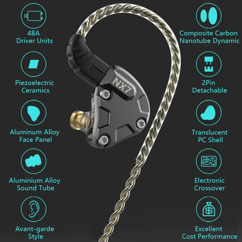 NICEHCK NX7 HIFI IEM Metal Headset 4BA Dual Carbon