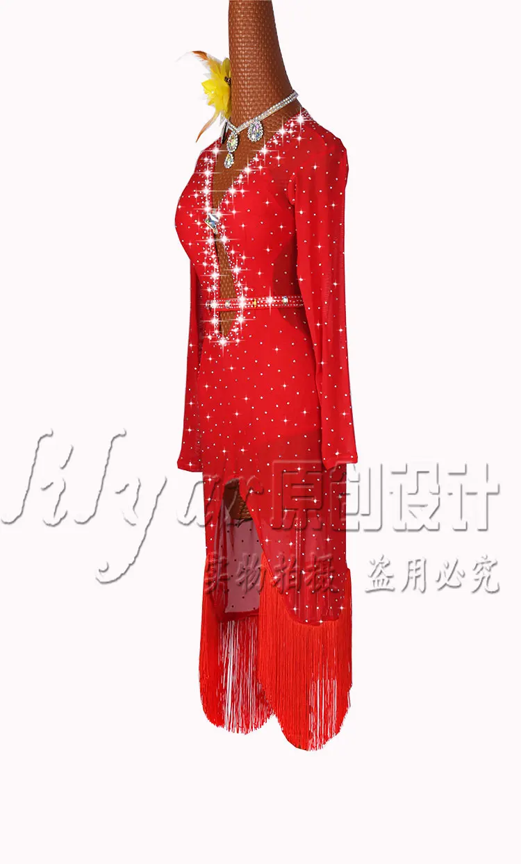 Высокое качество, красное платье для латинских танцев для женщин, блестящие стразы, сексуальный сетчатый костюм для латинских танцев, женская одежда для сцены