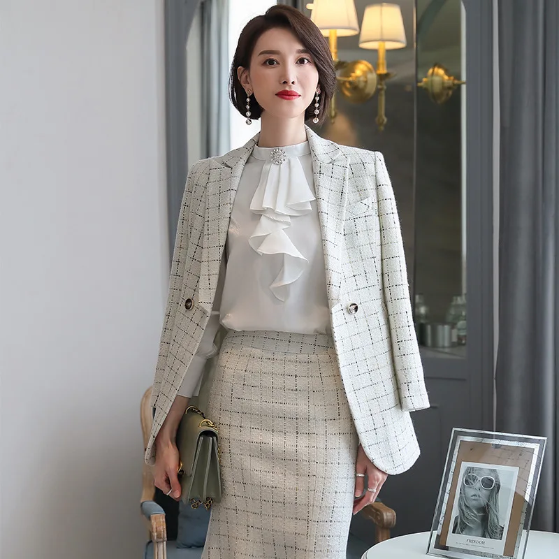 Office Uniform Ladies Elegant Work Skirt Suits Women Black White Plaid Long Skirt with Blazer Autumn Winter Jacket and Skirt Set
