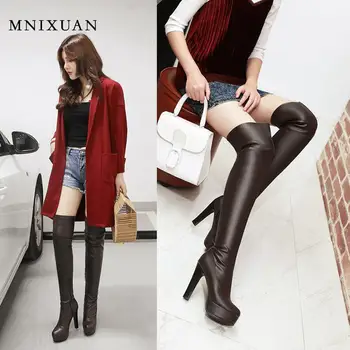 

MNIXUAN Classics winter women shoes long boots 2019 new round toe platform zipper over the knee thigh high heels white shoes