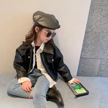 

Autumn New Arrival korean style hot selling fashion fur leather PU all-match biker jacket for cool baby girls and boys