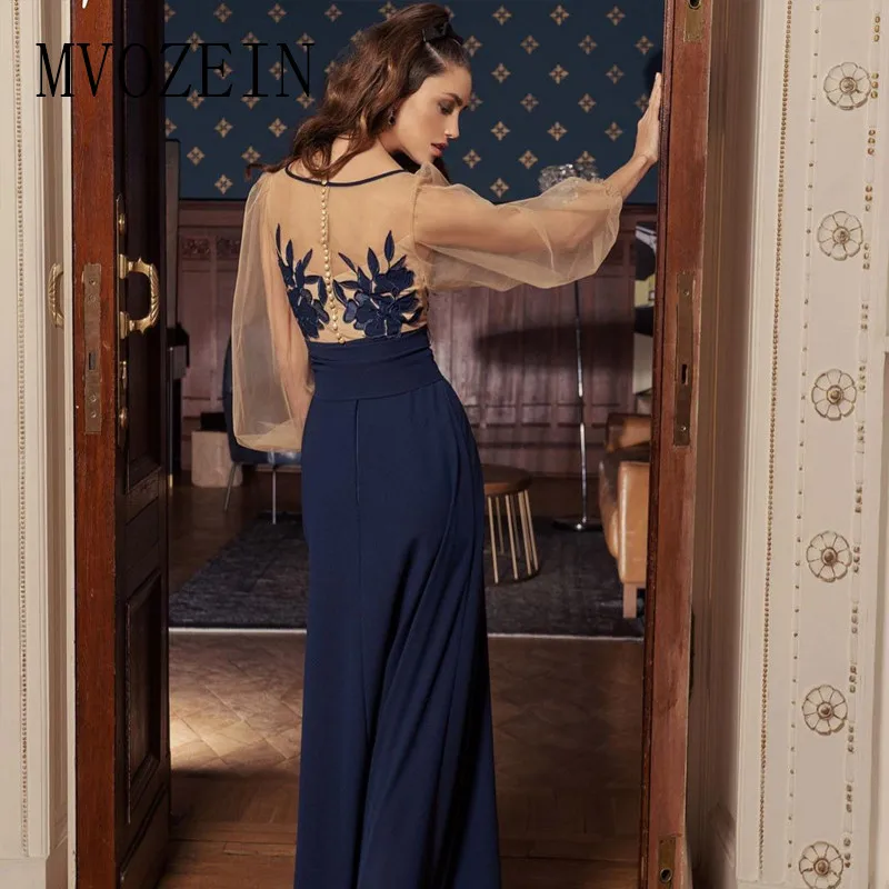 Темно-синее вечернее платье с аппликацией трапециевидной формы, круглый вырез, длинные рукава, платье для выпускного вечера es платье для торжеств de festa longo