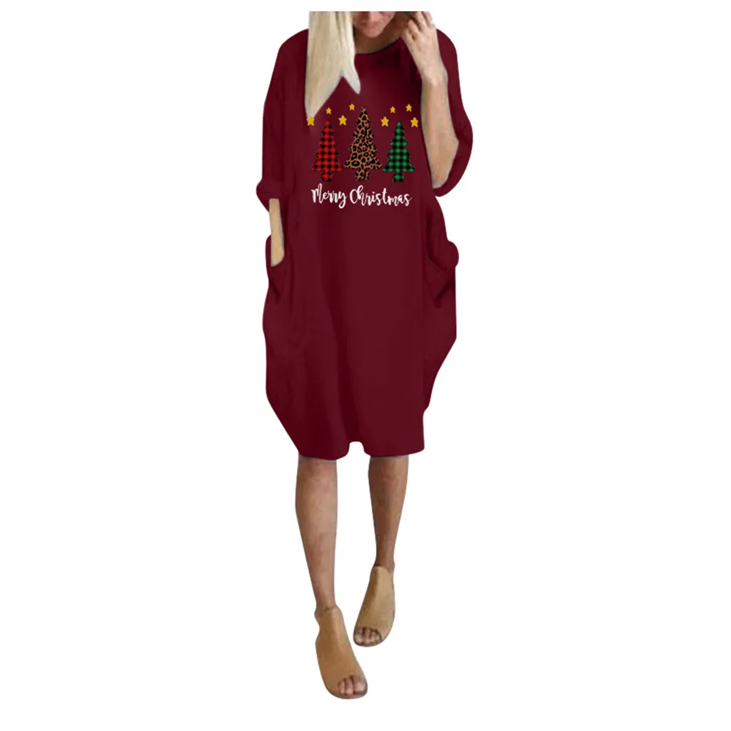 Рождественское платье женские повседневные свободные топы с принтом рождественской елки размера плюс с круглым вырезом и длинным карманом для женщин