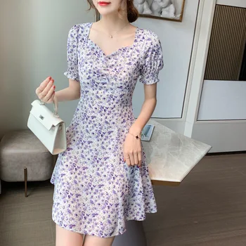 

2020 New Retro French square collar Bubble Sleeve Chiffon dress women's oil painting purple flower skirt summer dresses