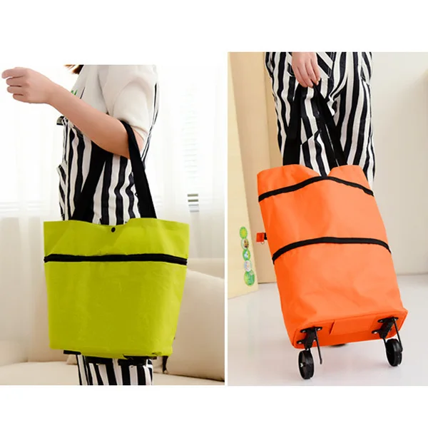Portable Tote Tug Bag Wheels Shopping Travel Foldable Handbag on Reusable Rolling Oxford