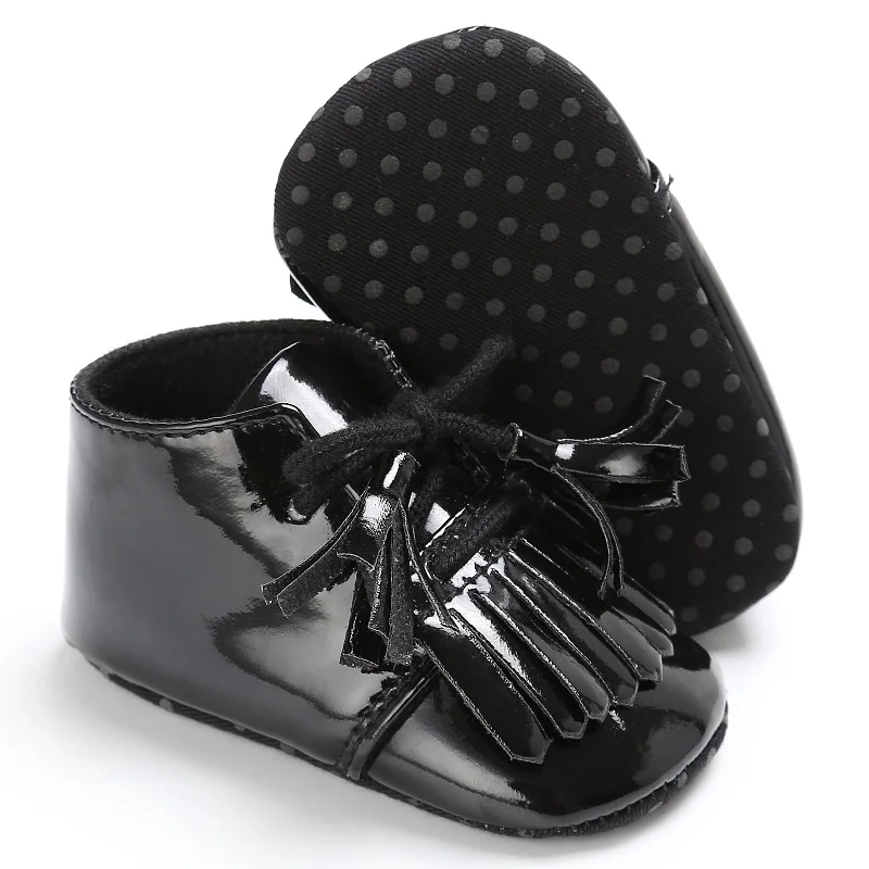 

Smartbabyme Kids Spring Baby Girls PU Patent Leather Crib First Walkers Fringed Lace-Up Moccasins Soft Sneakers Shoes