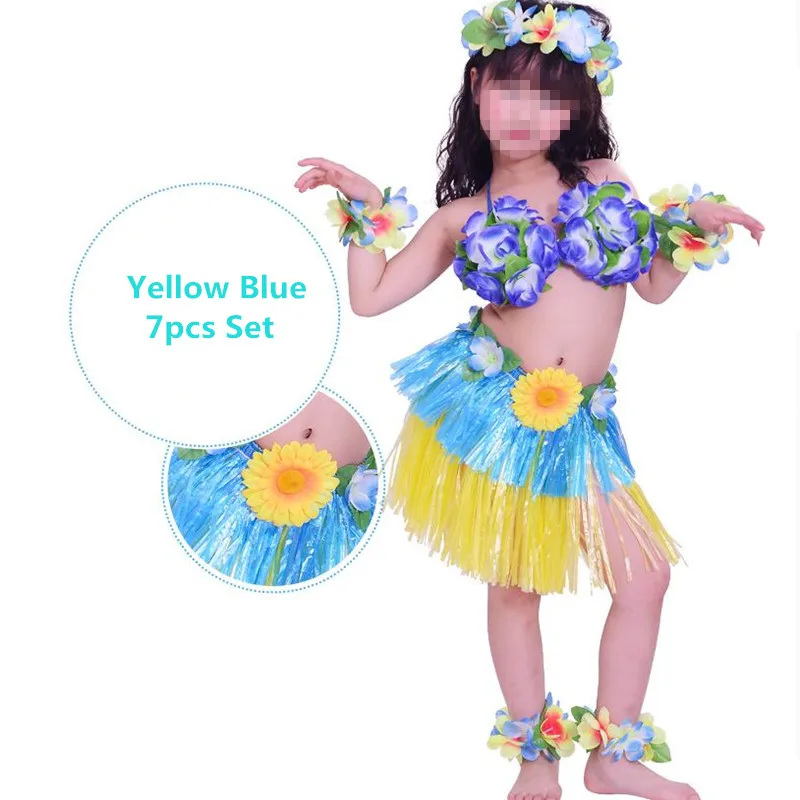 Красочные Lei повязка на голову цветок венок гирлянда браслеты бюстгальтер юбки «хула» Дети Девушки Гавайский пляж вечерние платье Декор navidad - Цвет: Blue 7pcs Set