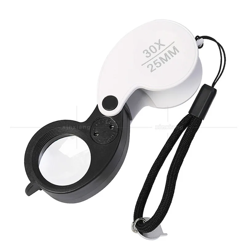 

New 30x 25mm Pocket Foldable Jewelry Antique Diamond Identification Magnifying Glass Double LED Light Source with Rope Handle