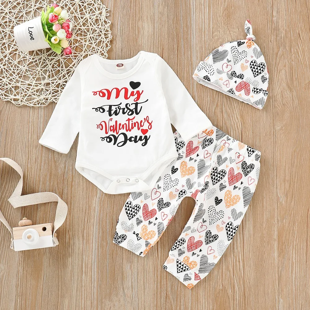 Хлопковый комбинезон с принтом «My First Valentine's Day» для маленьких девочек от 0 до 24 месяцев+ штаны+ повязка на голову, комплект из 3 предметов