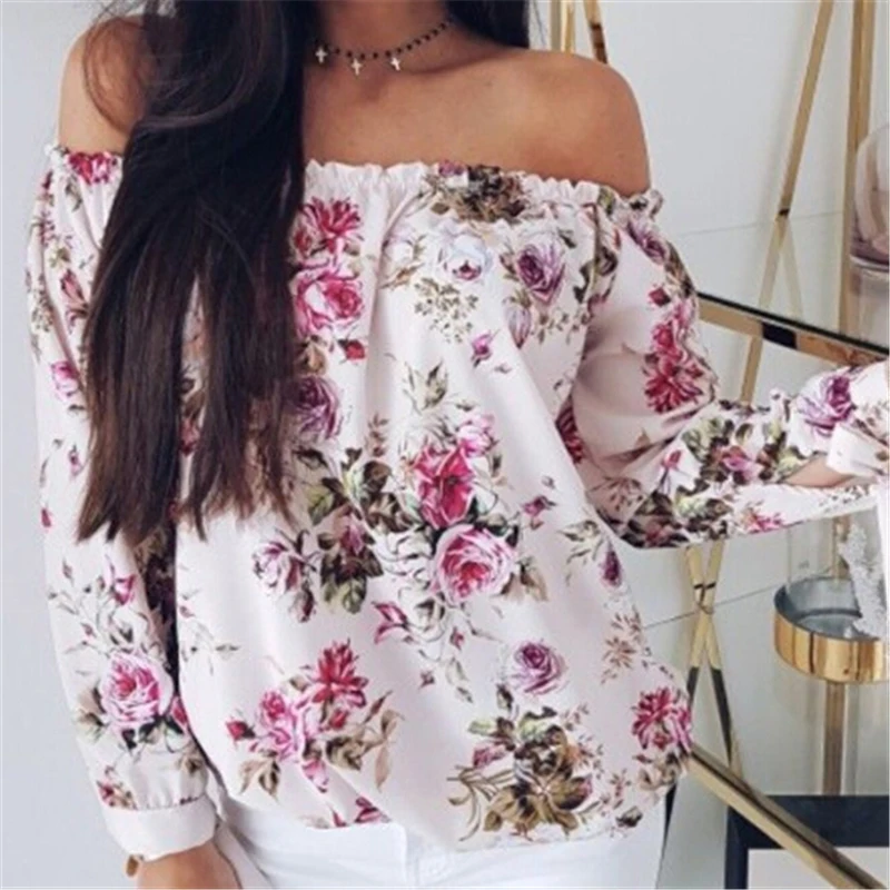 Spring Womens Floral Off Shoulder Tops New Ladies Sexy Large Size Pink White T-shirt Autumn Woman Floral 3/4 Sleeve T Shirts