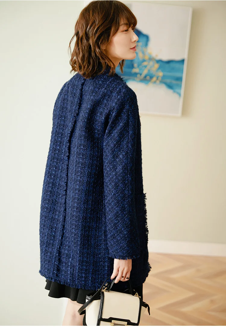 New Blue tweed coat son of long female autumn winter fashion loose long coat