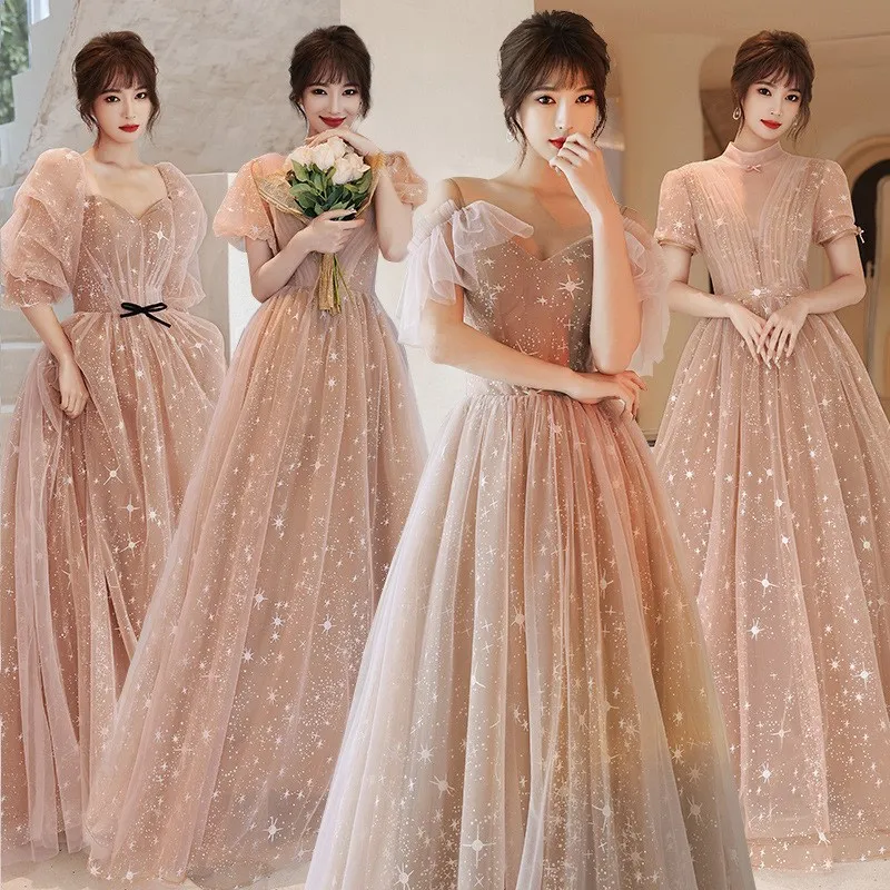 

New Bridesmaid Dress Floor Length Elegant Stars Patterns High Grade Dreamy Wedding Party Birthday Graduation Gown Robe Femme