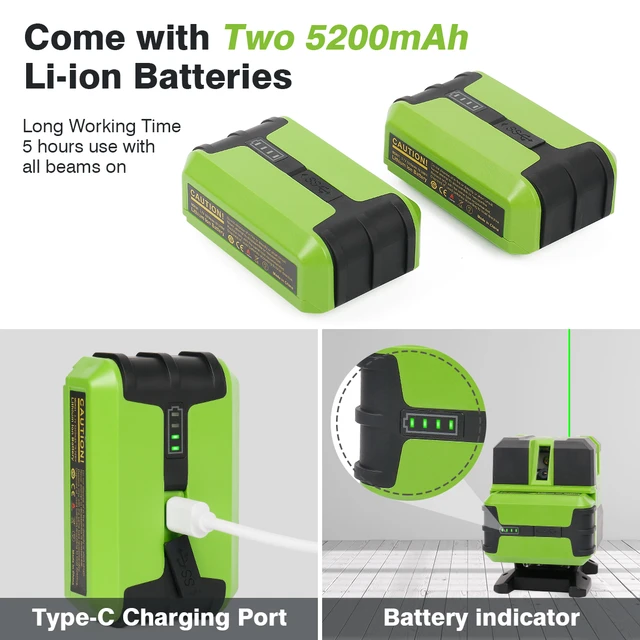 Huepar Niveau Laser Vert 6 Lignes Auto-Nivelant 2 Ligne Verticale et  Horizontale 360° 1 Point d'Aplomb Avec Étui Rigide Batterie Li-ion-LS21G