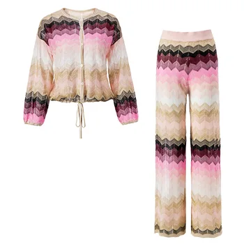 

Top High Quality Italianate Colorful Stripe Woven Knitted Lantern Sleeve Sweater + Trousers Suit Women's Two Piece Sets