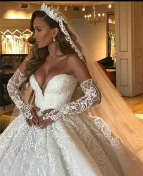 شراءثوب الزفاف الكرة الفاخرة رقيق تول الدانتيل يزين فستان عروس رسمي طويل مخصص KW41