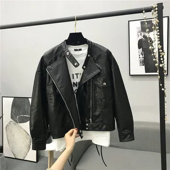 

Women Autumn Oversize PU Leather Motorcycle Mandarin Collar Zipper up Black Bomber Jacket