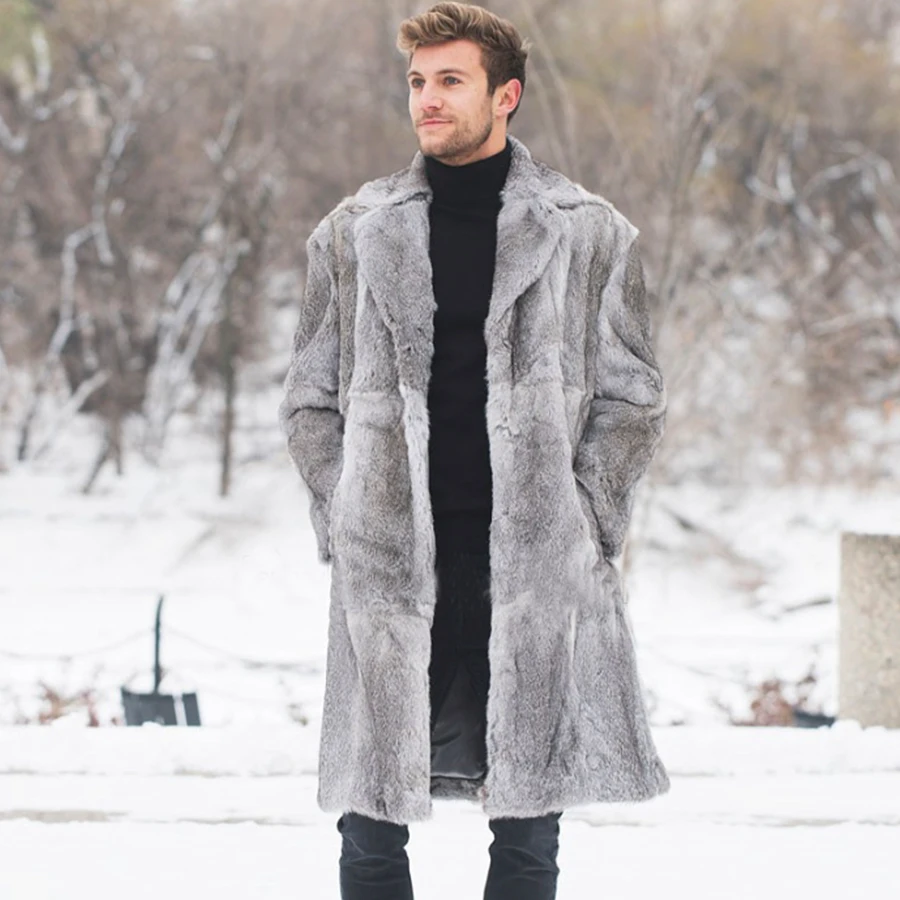 

Real Fur Jacket Men Natural Rabbit Fur Coat New Winter Long Warm Overcoat Turn Down Collar Plus Size Custom