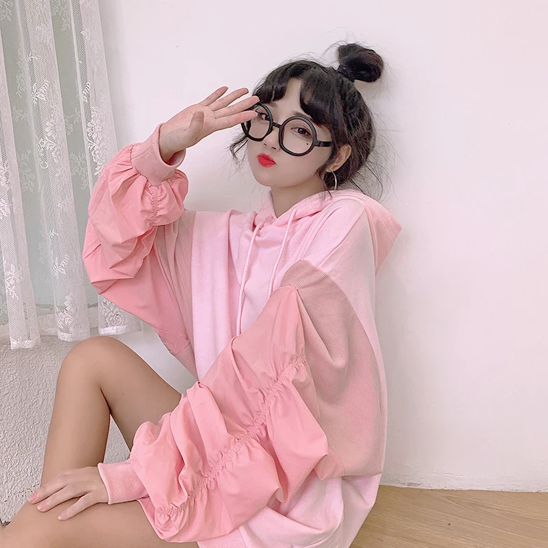 Осень, новинка, корейский ulzzang Harajuku, милый свободный свитер с капюшоном, женская мода, свободный, с капюшоном, однотонный, Повседневный, женский свитер