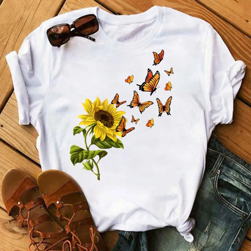 Maycaur Women's T-shirt Casual Kawaii Sunflower Butterfly Pattern Print Tshirt Comfortable Casual Women's Clothing Black Top cheap t shirts Tees