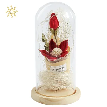 

LED Glass Cover Bionic Dry Flower In A Glass Dome on A Wooden Base for Valentine's Gifts LED Rose Lamps Christmas Eternal Flower