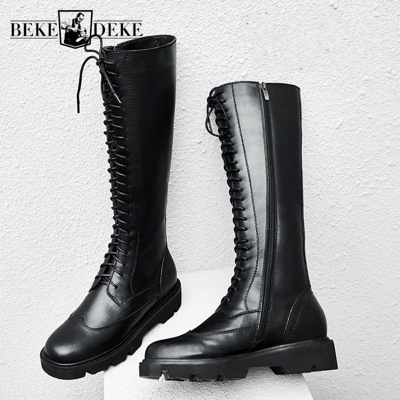 

Genuine Fashion Leather Women Knee High Boots Lace Up Thick Platform Flats Winter Fleece Lining High Top Knight Riding Boots