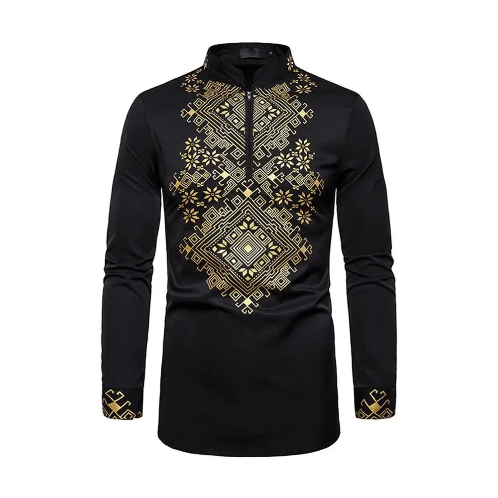 Opslea Dashiki африканская Мужская рубашка с воротником-стойкой и принтом, средняя длинная рубашка, осенняя Новая африканская Молодежная мужская рубашка с вырезом на молнии - Цвет: Черный