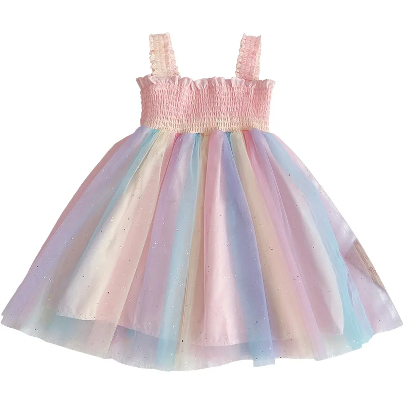 

2020 New Summer Dress For Girls Rainbow Color Princess Dresses For Girl Summer Kids Mesh Dress Cute Style Children Clothing 3-7