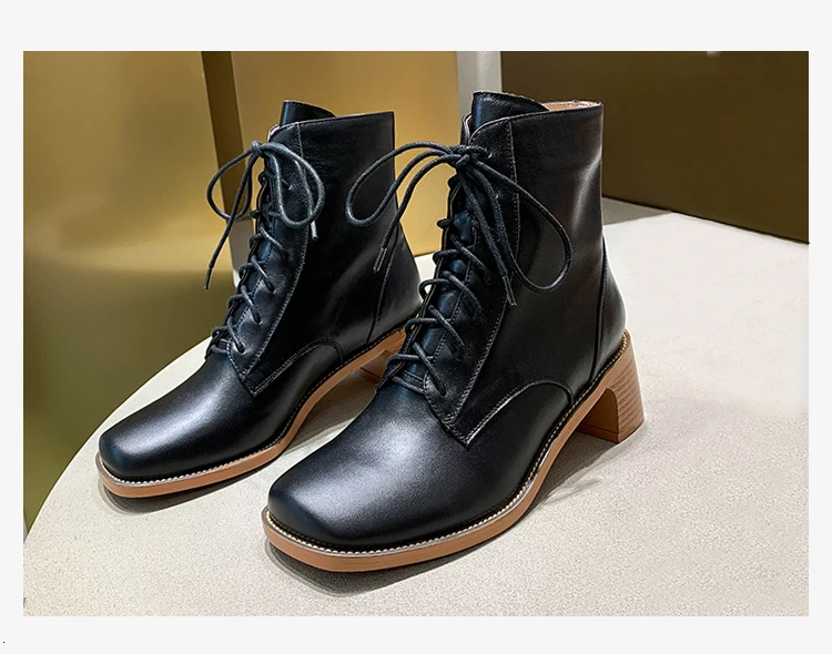 Donna-in Ankle High Heels Boots Women Elegant Cross Tied Square Toe Rubber Boots Genuine Leather Fashion Shoes Woman New