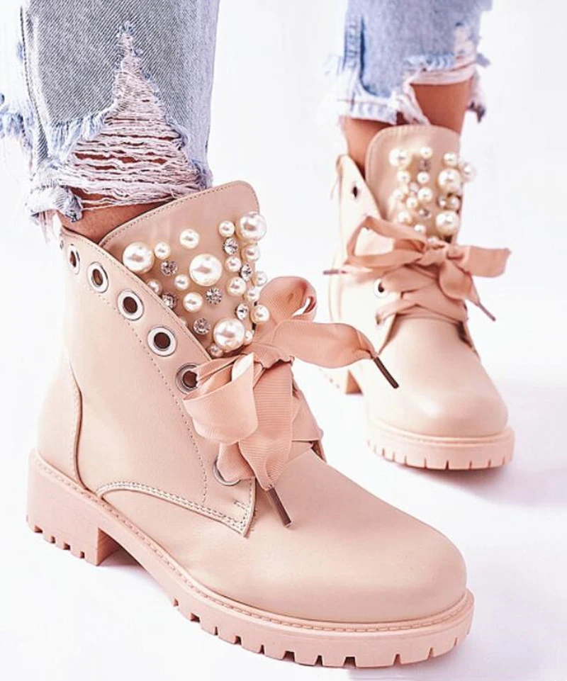 Women Ankle Boots 2022 Autumn PU Leather Lace Up Motorcycle Boots Pearl Decor Casual Shoes Round Toe Lady Bootie Female Footwear