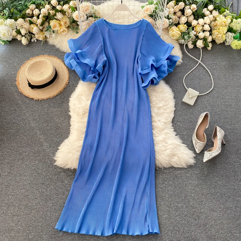 

Summer Women Double Layer Ruffles Speaker Sleeve Long Dress Sweet Solid Color Pleated Dress Designer Runway High-end