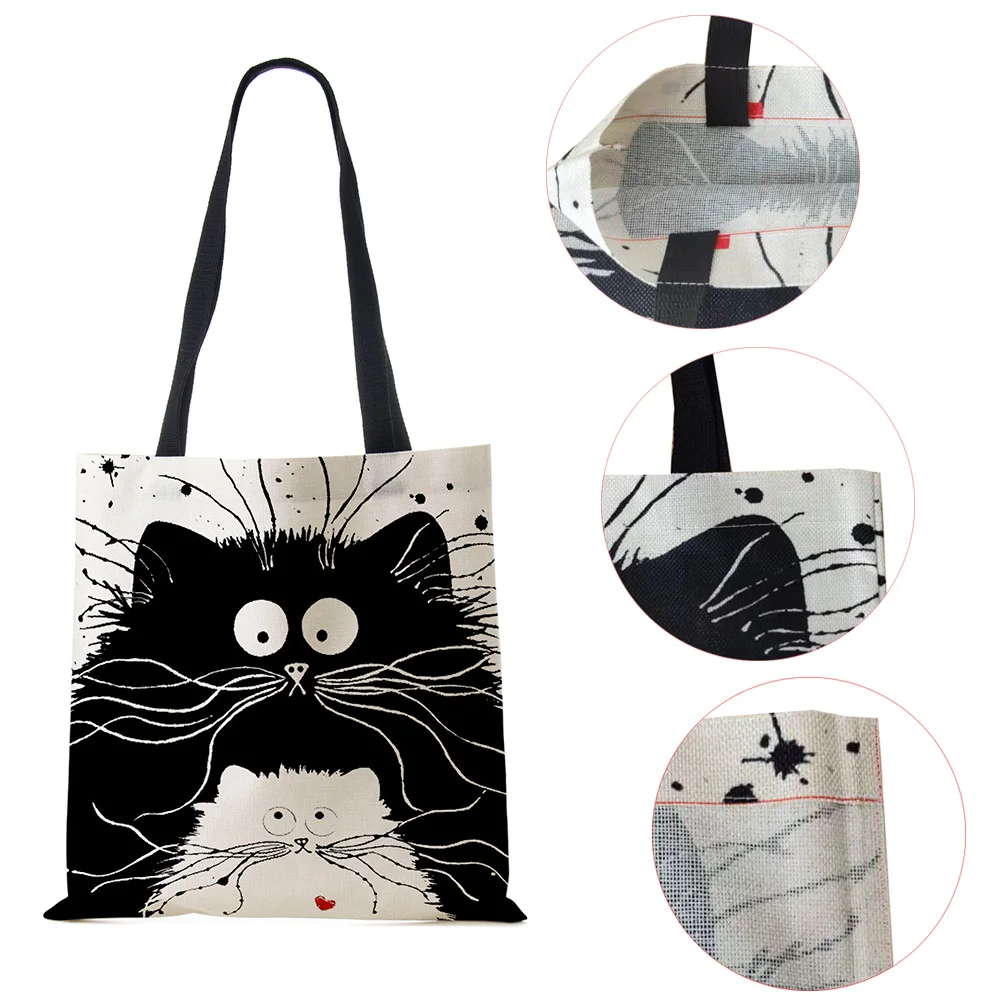 Customized Tote Shopping Bag Cute Cat Printing Women Handbag Linen Totes with Print Logo Casual Traveling Beach Bags