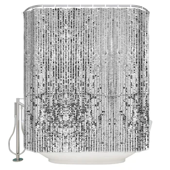 

Sequin Silver Plate Rectangular Shiny Pattern Shower Curtains Polyester Fabric Waterproof Bath Curtain
